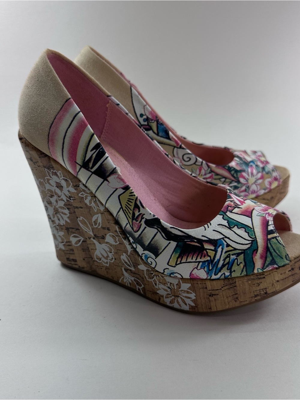 Ed Hardy Floral Tattoo Cork Wedge Peep-Toe Pumps in Pink and Beige - Picture 3 of 5